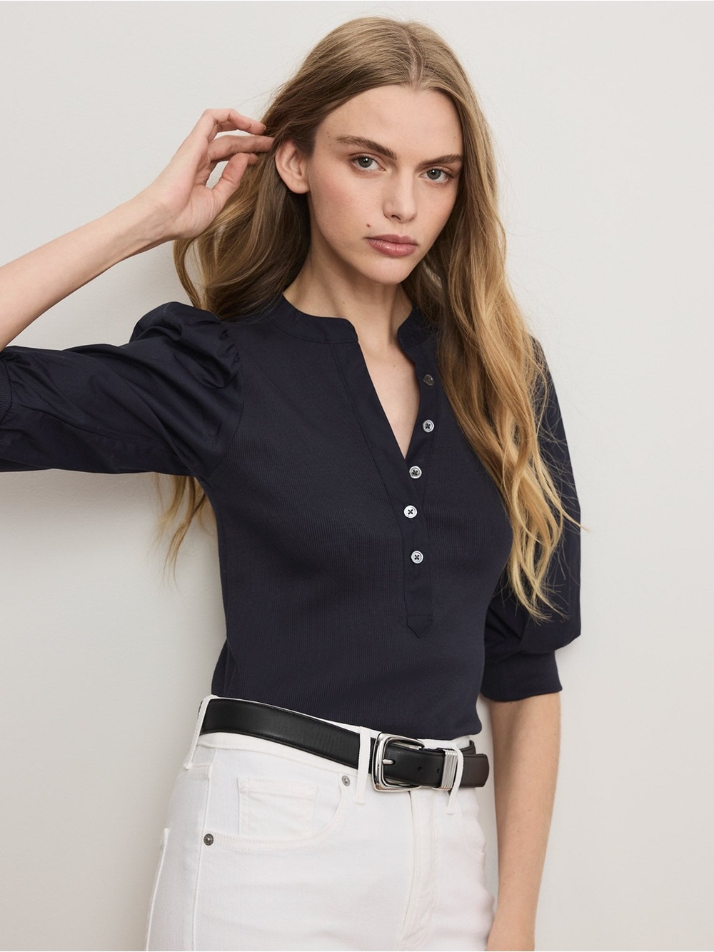 Veronica Beard Coralee Puff-Sleeve Top - Navy - Small